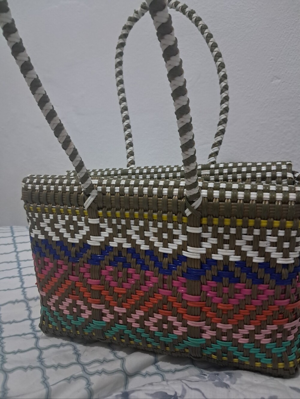 Handwoven Multicolor Women's Tote Bag - Olive with Pink, Blue & Teal Accents